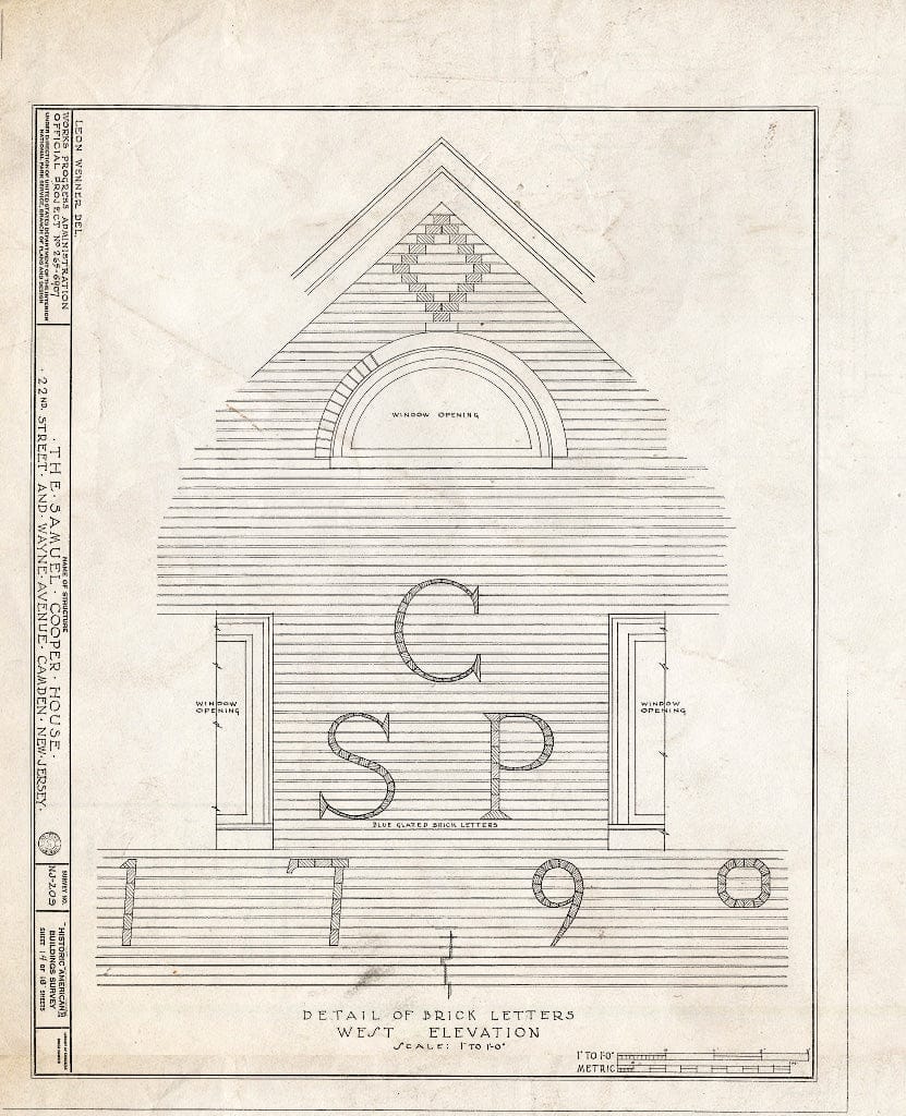 Historic Pictoric : Blueprint HABS NJ,4-CAM,5- (Sheet 14 of 18) - Samuel Cooper House, 1104 North Twenty-Second Street, Camden, Camden County, NJ
