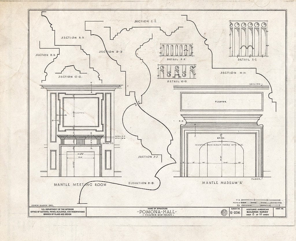 Historic Pictoric : Blueprint HABS NJ,4-CAM,4- (Sheet 8 of 10) - Pomona Hall, Park Boulevard & Euclid Avenue, Camden, Camden County, NJ