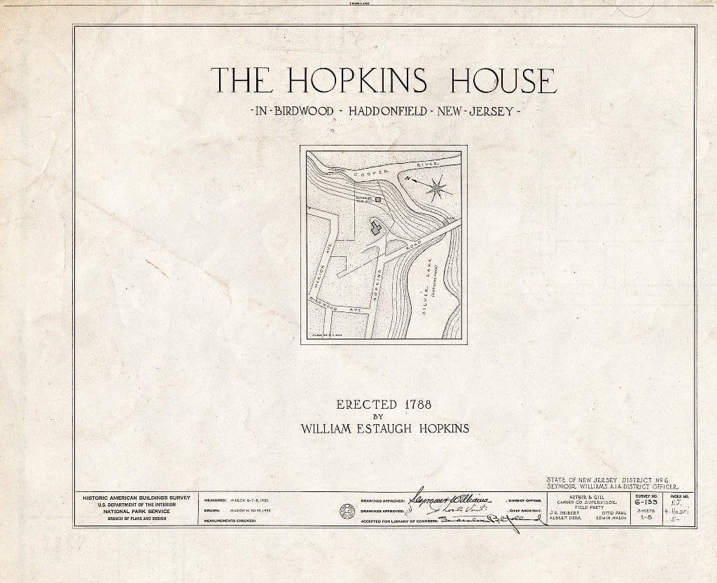 Historic Pictoric : Blueprint HABS NJ,4-HADFI,5- (Sheet 0 of 8) - Hopkins House, Birdwood-Hopkins Road, Haddonfield, Camden County, NJ