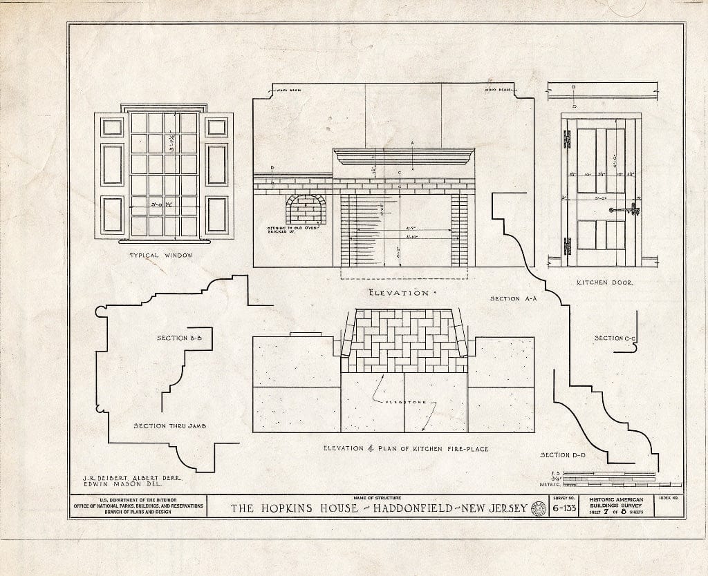 Historic Pictoric : Blueprint HABS NJ,4-HADFI,5- (Sheet 7 of 8) - Hopkins House, Birdwood-Hopkins Road, Haddonfield, Camden County, NJ