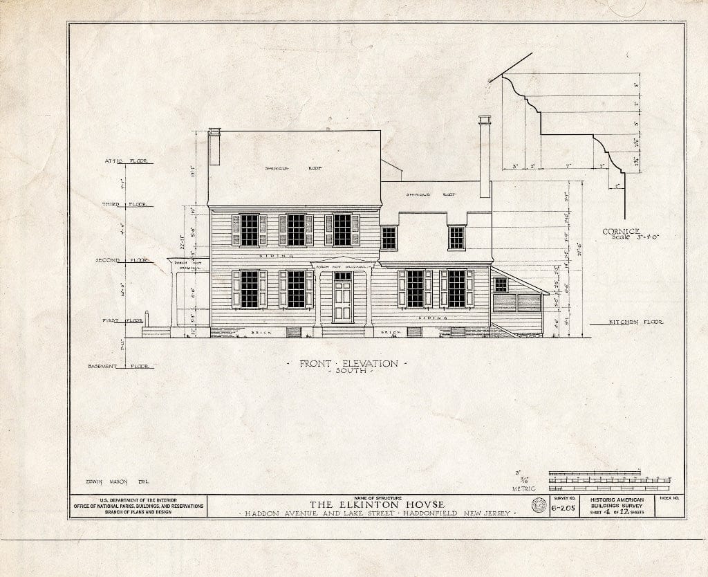 Historic Pictoric : Blueprint HABS NJ,4-HADFI,6- (Sheet 4 of 12) - Hopkins-Elkinton House, Haddon Avenue & Lake Street, Haddonfield, Camden County, NJ