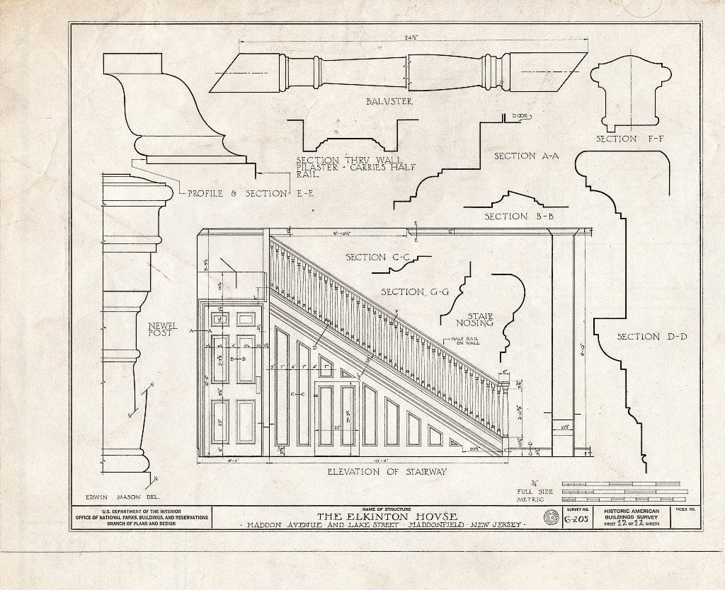 Historic Pictoric : Blueprint HABS NJ,4-HADFI,6- (Sheet 12 of 12) - Hopkins-Elkinton House, Haddon Avenue & Lake Street, Haddonfield, Camden County, NJ