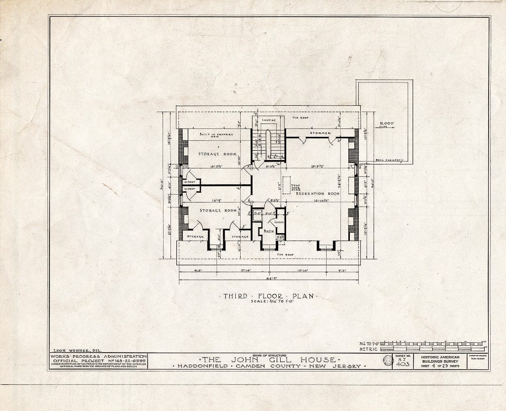 Historic Pictoric : Blueprint HABS NJ,4-HADFI,9- (Sheet 4 of 23) - John Gill House, 343 Kings Highway East, Haddonfield, Camden County, NJ