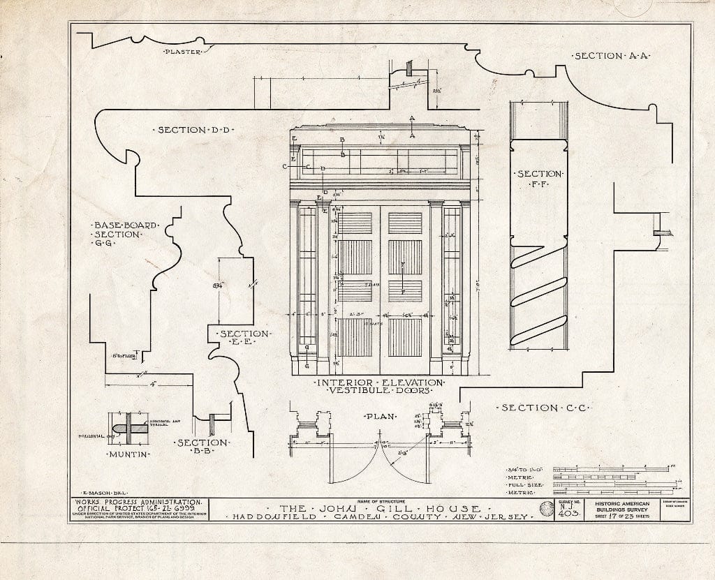 Historic Pictoric : Blueprint HABS NJ,4-HADFI,9- (Sheet 17 of 23) - John Gill House, 343 Kings Highway East, Haddonfield, Camden County, NJ