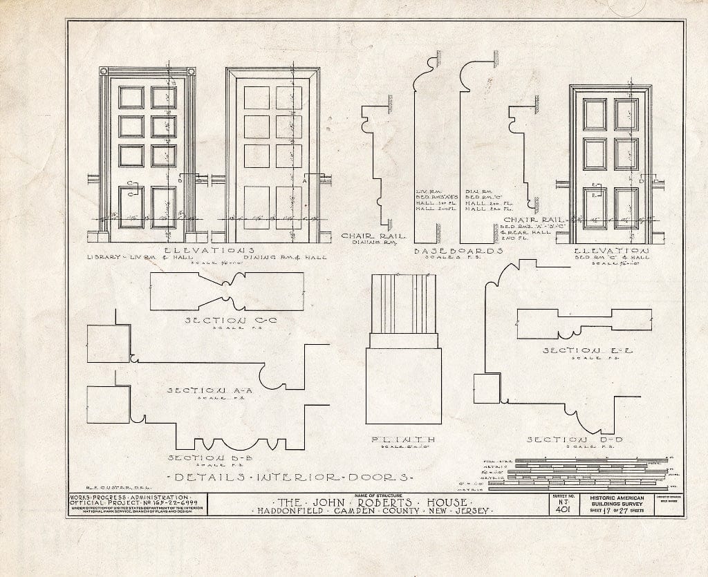 Historic Pictoric : Blueprint HABS NJ,4-HADFI,7- (Sheet 17 of 27) - John Roberts House, 344 East Kings Highway, Haddonfield, Camden County, NJ