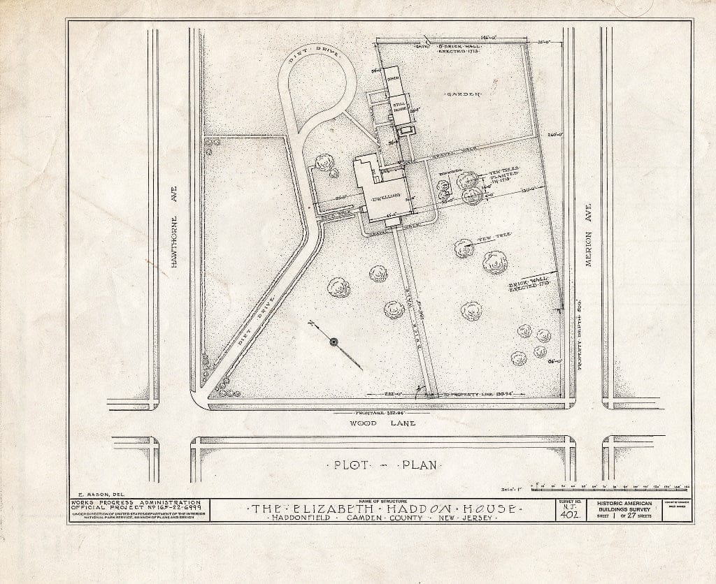 Historic Pictoric : Blueprint HABS NJ,4-HADFI,8- (Sheet 1 of 27) - Wood-Haddon House, 201 Wood Lane & Hawthorne Avenue, Haddonfield, Camden County, NJ