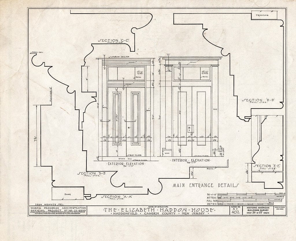 Historic Pictoric : Blueprint HABS NJ,4-HADFI,8- (Sheet 20 of 27) - Wood-Haddon House, 201 Wood Lane & Hawthorne Avenue, Haddonfield, Camden County, NJ