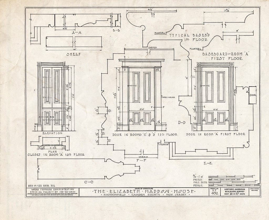 Historic Pictoric : Blueprint HABS NJ,4-HADFI,8- (Sheet 22 of 27) - Wood-Haddon House, 201 Wood Lane & Hawthorne Avenue, Haddonfield, Camden County, NJ