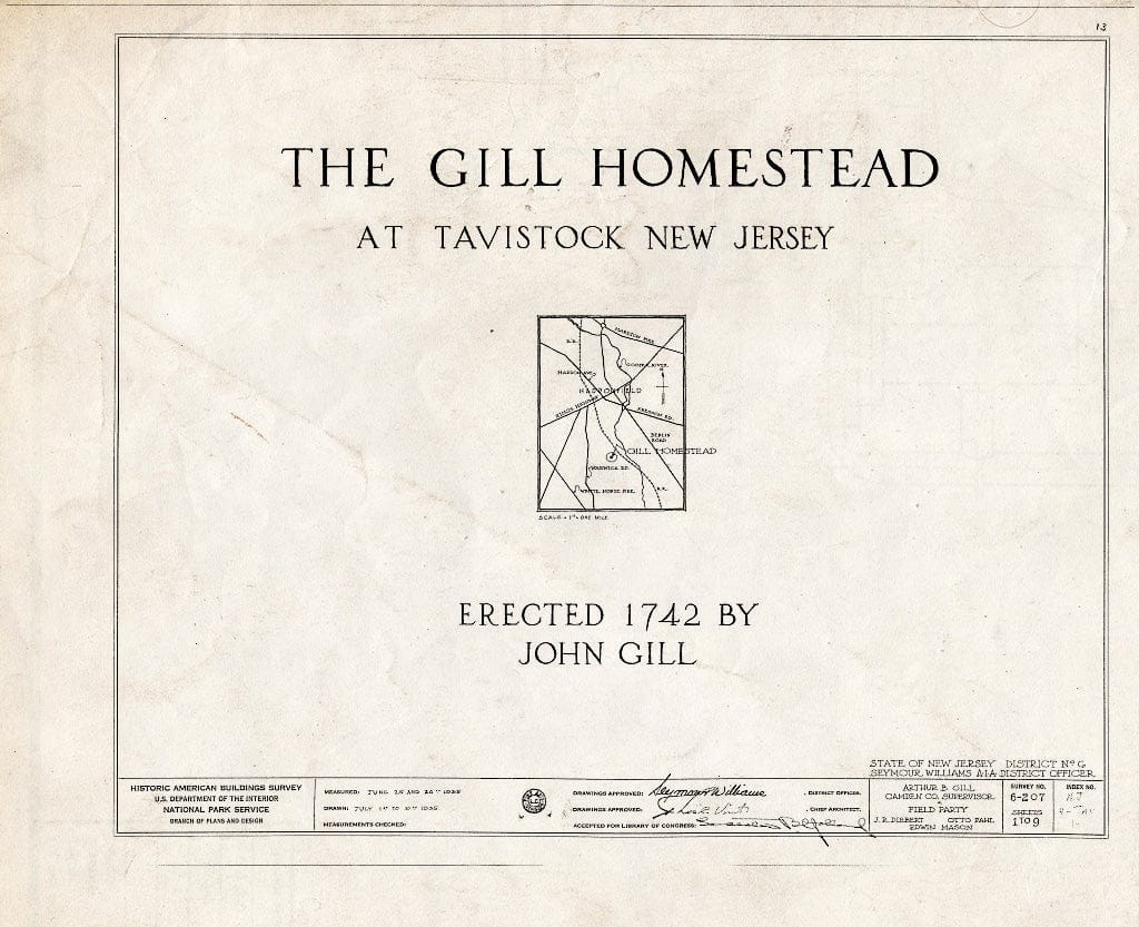 Historic Pictoric : Blueprint HABS NJ,4-TAV,1- (Sheet 0 of 9) - Gill Homestead at Tavistock, Tavistock, Camden County, NJ