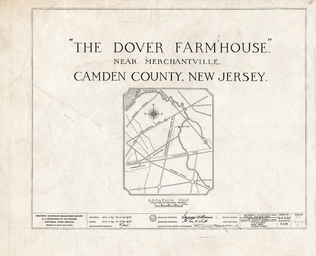 Historic Pictoric : Blueprint HABS NJ,4-Merch.V,2- (Sheet 0 of 5) - Burrough-Dover Farmhouse, Pennsauken, Camden County, NJ
