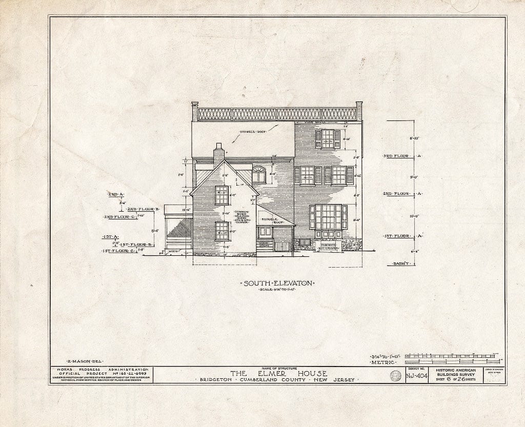 Historic Pictoric : Blueprint HABS NJ,6-BRIG,3- (Sheet 6 of 26) - Robert Elmer House, 230 East Commerce Street, Bridgeton, Cumberland County, NJ