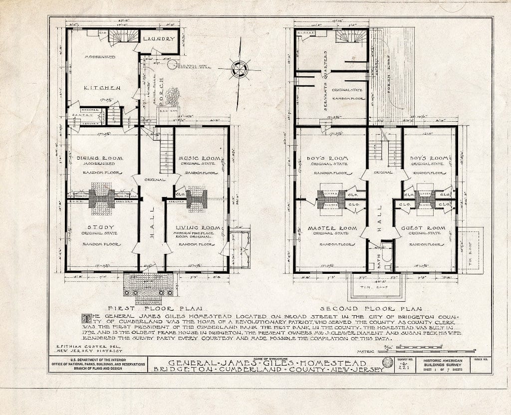Historic Pictoric : Blueprint HABS NJ,6-BRIG,1- (Sheet 1 of 7) - James Giles House, 143 West Broad Street, Bridgeton, Cumberland County, NJ
