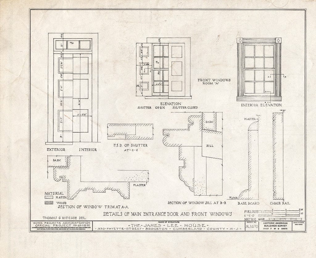 Historic Pictoric : Blueprint HABS NJ,6-BRIG,6- (Sheet 7 of 9) - Woodruff-Lee House, 330 Fayette Street, Bridgeton, Cumberland County, NJ