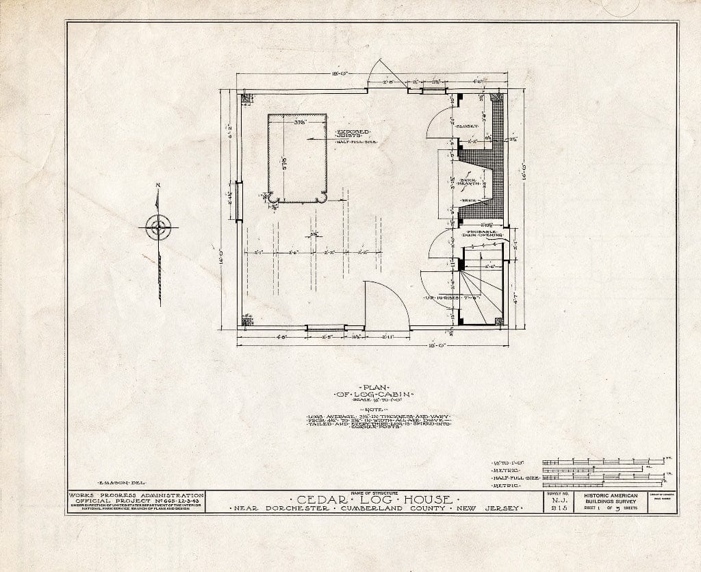 Historic Pictoric : Blueprint HABS NJ,6-DORCH.V,1- (Sheet 1 of 5) - Reeve-Marshall Log House, Dorchester, Cumberland County, NJ
