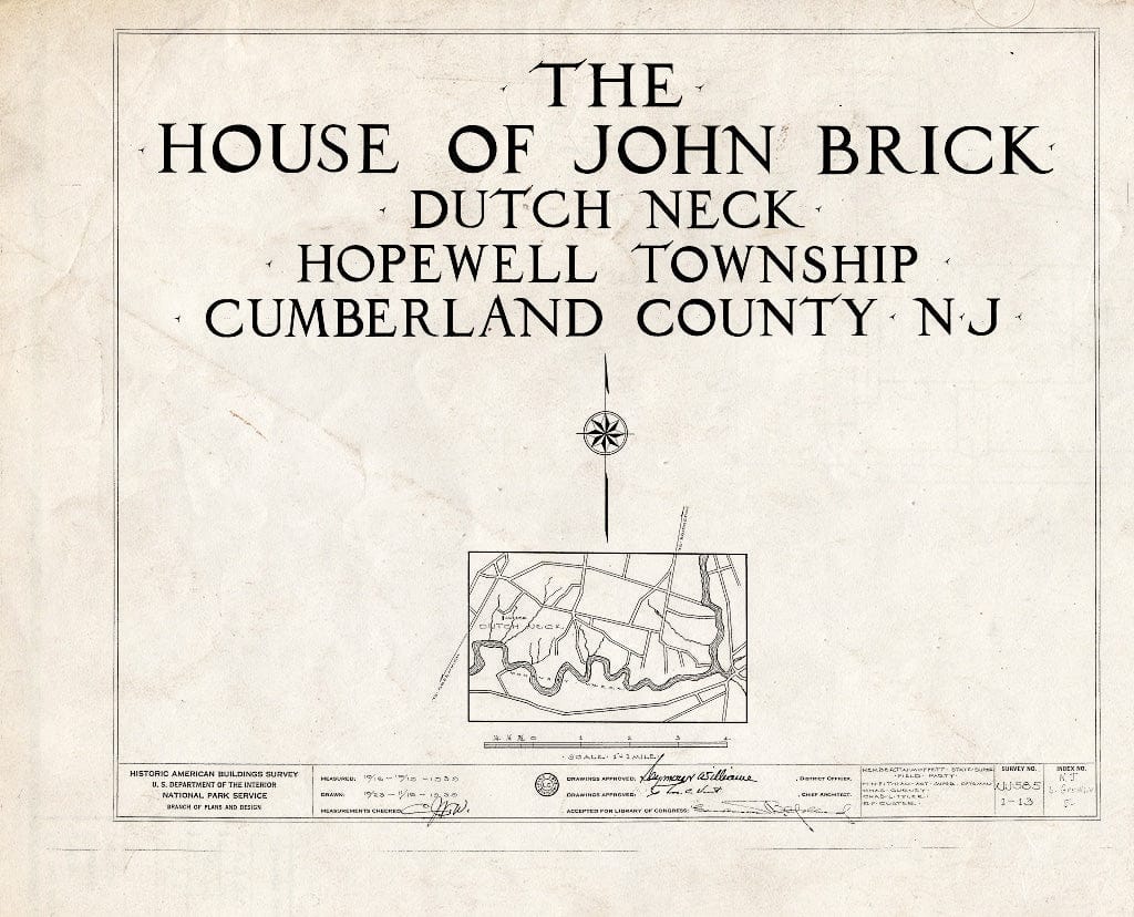 Historic Pictoric : Blueprint HABS NJ,6-GREWI.V,5- (Sheet 0 of 13) - John Brick III House, County Road 50, Dutch Neck, Mercer County, NJ