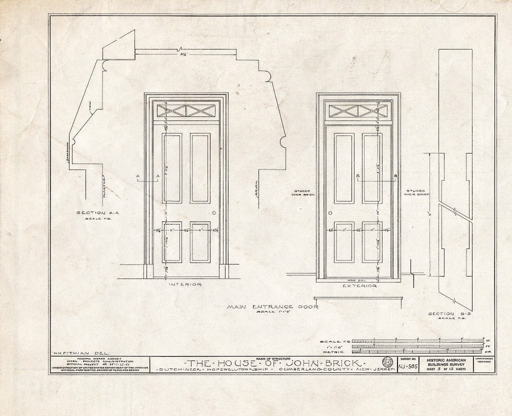 Historic Pictoric : Blueprint HABS NJ,6-GREWI.V,5- (Sheet 9 of 13) - John Brick III House, County Road 50, Dutch Neck, Mercer County, NJ