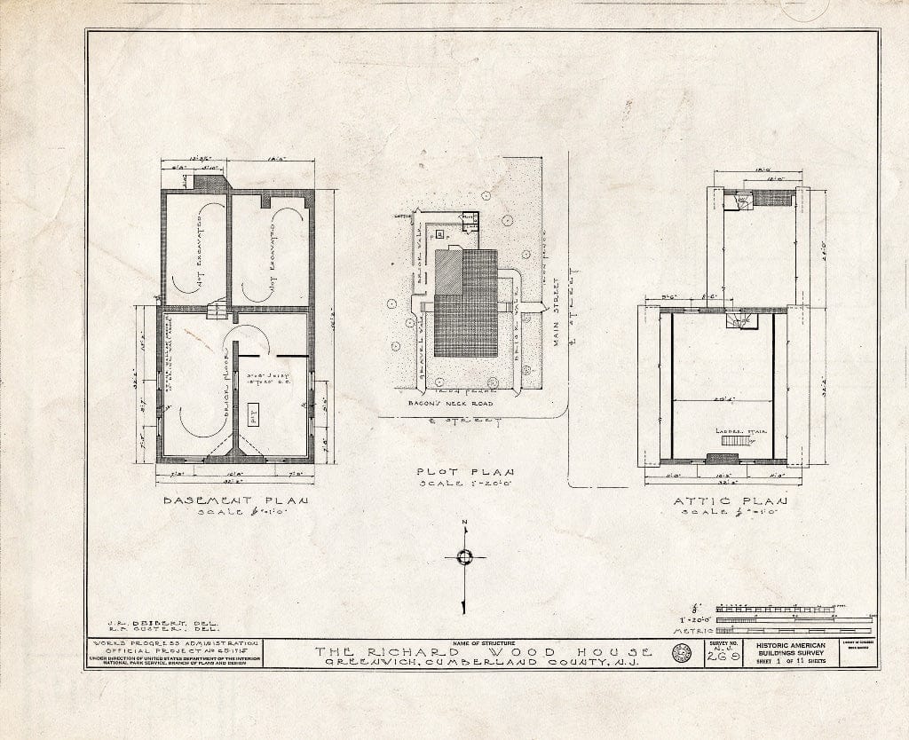 Historic Pictoric : Blueprint HABS NJ,6-GREWI,7- (Sheet 1 of 11) - Richard Wood House, Main Street & Bacon's Neck Road, Greenwich, Cumberland County, NJ