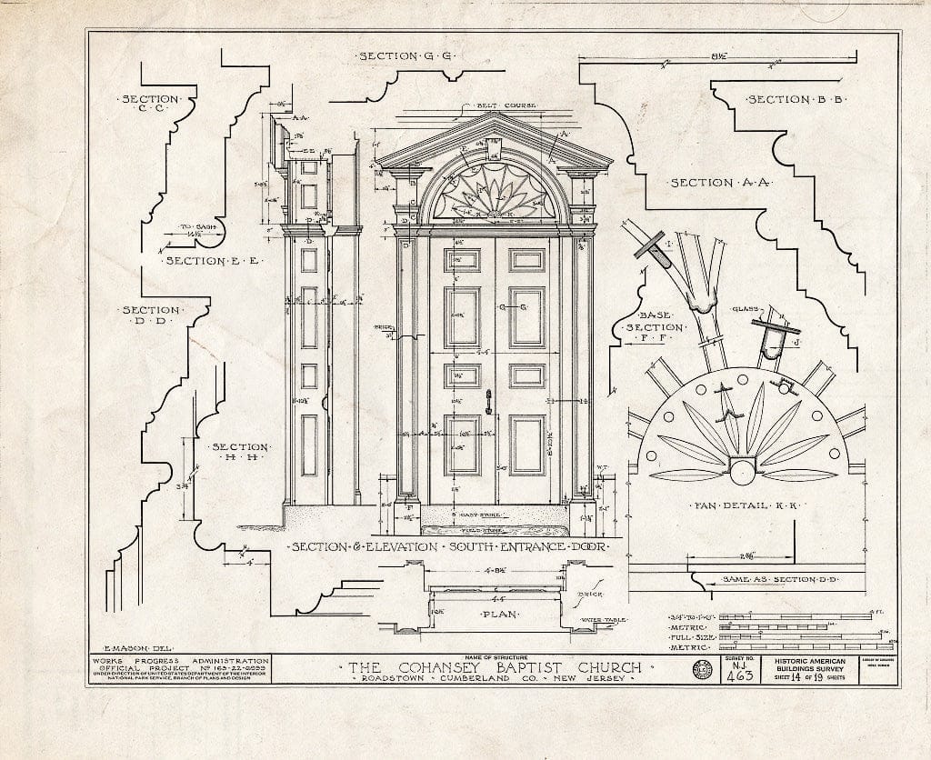 Historic Pictoric : Blueprint HABS NJ,6-ROATO,2- (Sheet 14 of 19) - Cohansey Baptist Church, Roadstown, Cumberland County, NJ