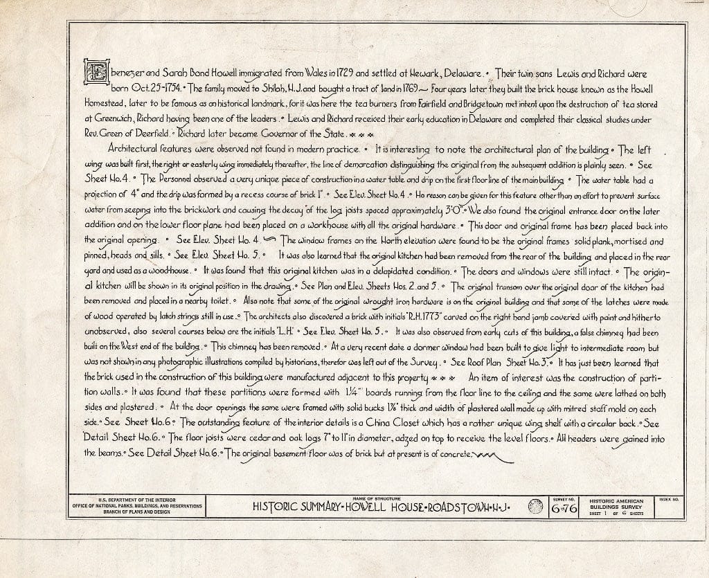 Historic Pictoric : Blueprint HABS NJ,6-ROATO.V,1- (Sheet 1 of 6) - Howell Homestead, Roadstown Road, Roadstown, Cumberland County, NJ