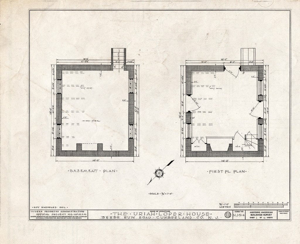 Historic Pictoric : Blueprint HABS NJ,6-Seel.V,1- (Sheet 1 of 6) - Uriah Loper House, Beebe Run Road, Seeley, Cumberland County, NJ