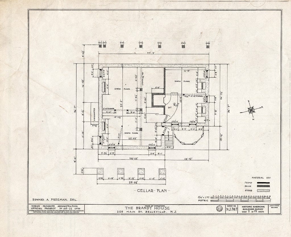 Historic Pictoric : Blueprint HABS NJ,7-BELVI,2- (Sheet 1 of 22) - Brandt House, 205 Main Street, Belleville, Essex County, NJ