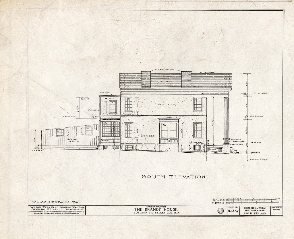 Historic Pictoric : Blueprint HABS NJ,7-BELVI,2- (Sheet 6 of 22) - Brandt House, 205 Main Street, Belleville, Essex County, NJ