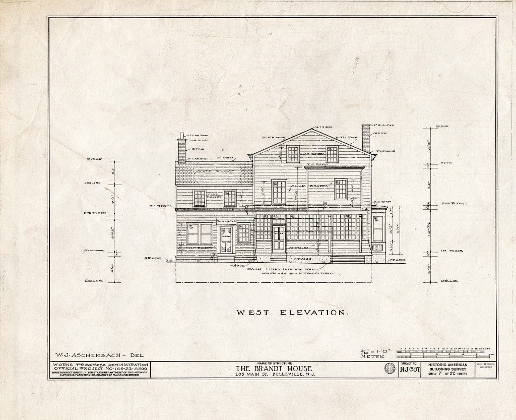 Historic Pictoric : Blueprint HABS NJ,7-BELVI,2- (Sheet 7 of 22) - Brandt House, 205 Main Street, Belleville, Essex County, NJ