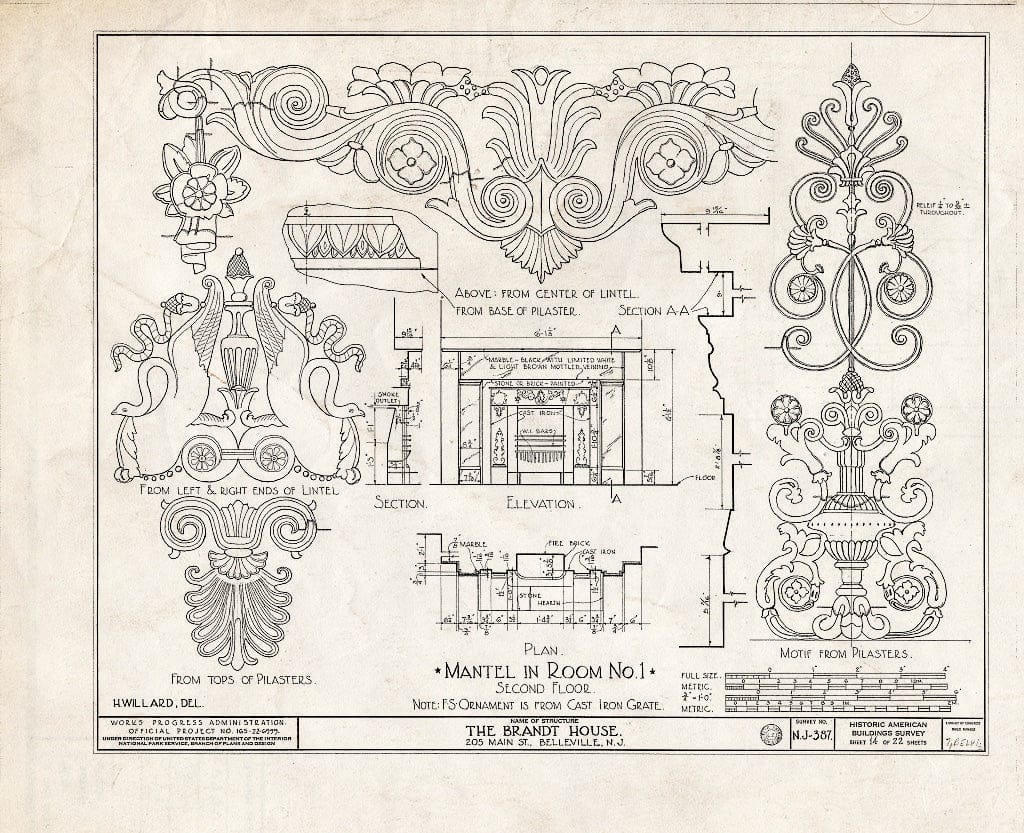 Historic Pictoric : Blueprint HABS NJ,7-BELVI,2- (Sheet 14 of 22) - Brandt House, 205 Main Street, Belleville, Essex County, NJ