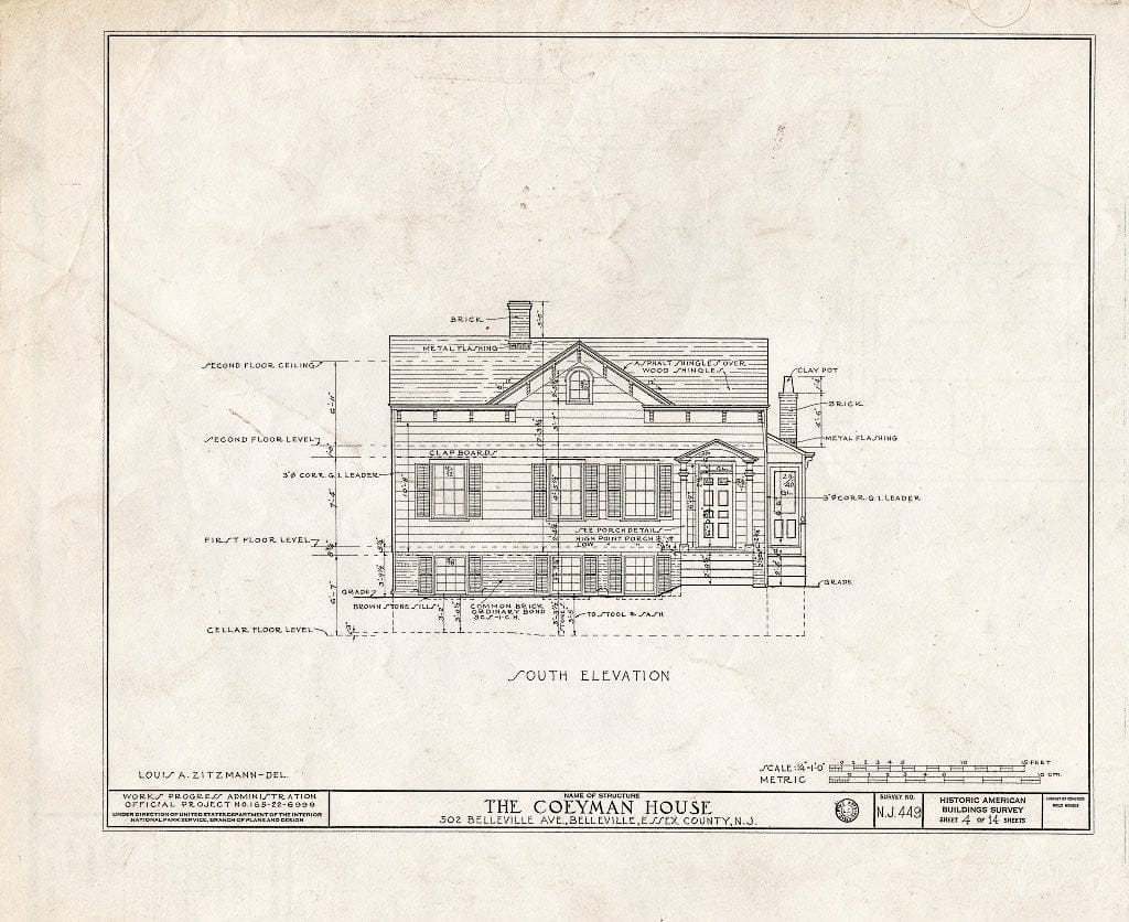 Historic Pictoric : Blueprint HABS NJ,7-BELVI,6- (Sheet 4 of 14) - Coeyman House, 502 Belleville Avenue, Belleville, Essex County, NJ