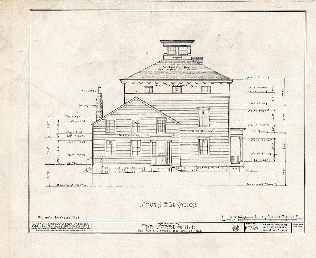 Historic Pictoric : Blueprint HABS NJ,7-BELVI,4- (Sheet 8 of 17) - Speer House, 319 Main Street, Belleville, Essex County, NJ