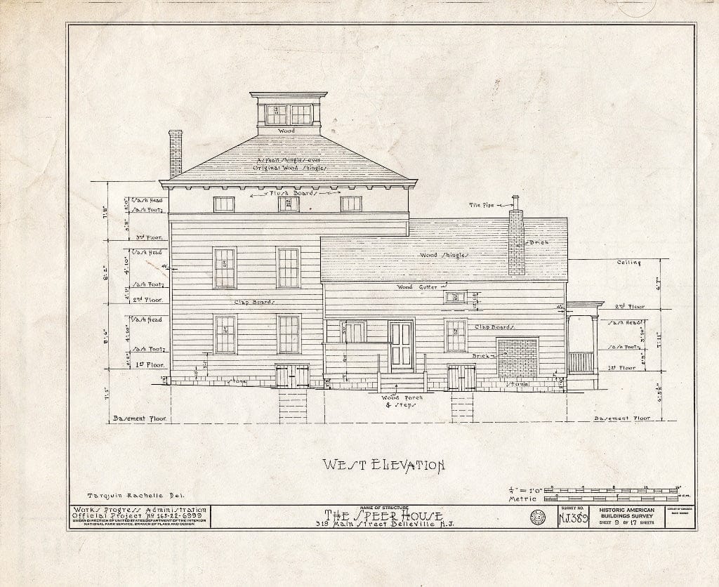 Historic Pictoric : Blueprint HABS NJ,7-BELVI,4- (Sheet 9 of 17) - Speer House, 319 Main Street, Belleville, Essex County, NJ