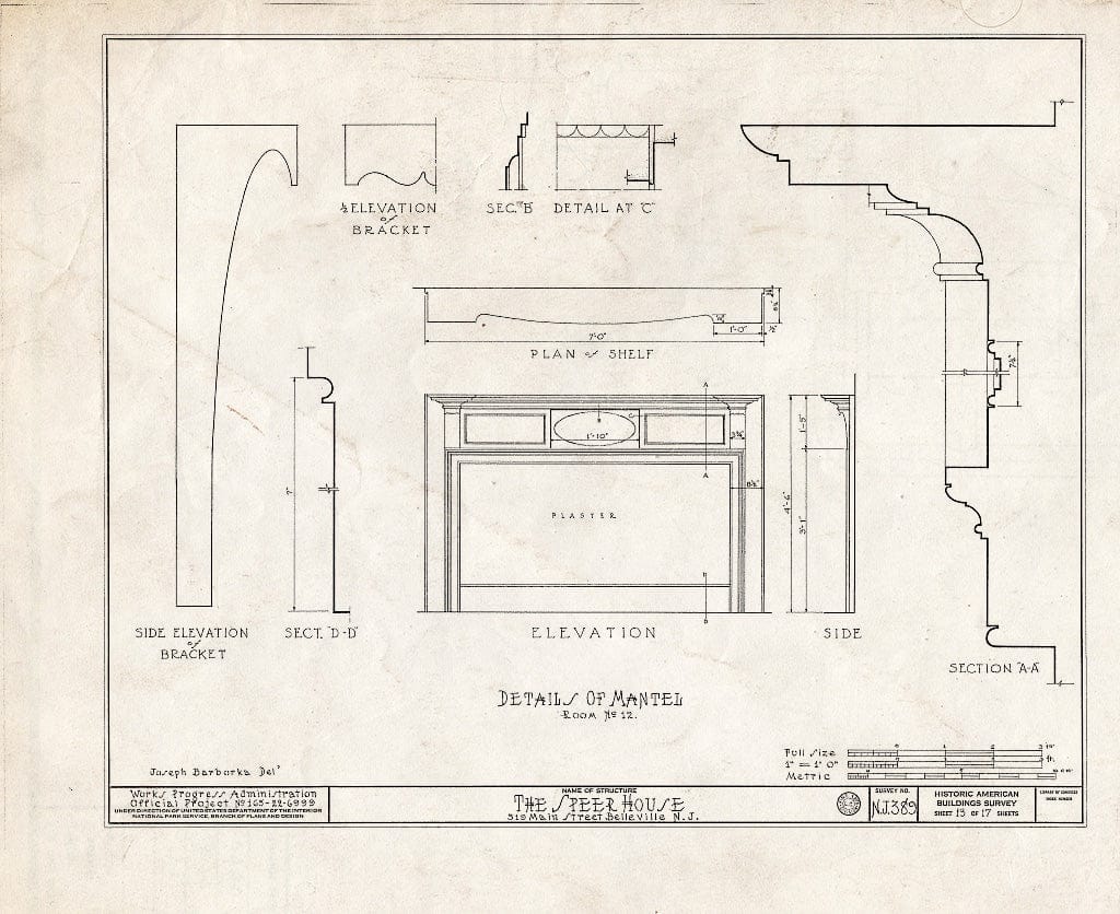 Historic Pictoric : Blueprint HABS NJ,7-BELVI,4- (Sheet 13 of 17) - Speer House, 319 Main Street, Belleville, Essex County, NJ