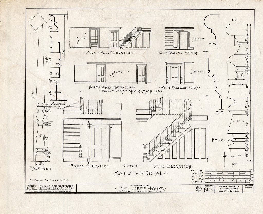 Historic Pictoric : Blueprint HABS NJ,7-BELVI,4- (Sheet 14 of 17) - Speer House, 319 Main Street, Belleville, Essex County, NJ