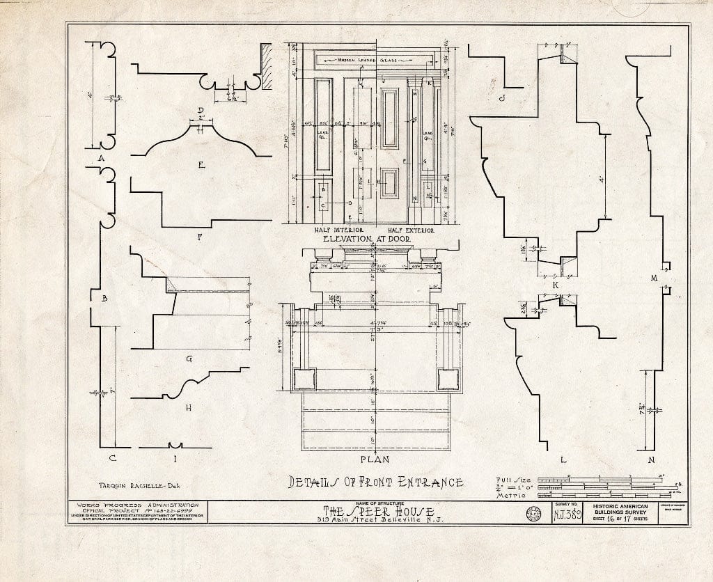 Historic Pictoric : Blueprint HABS NJ,7-BELVI,4- (Sheet 16 of 17) - Speer House, 319 Main Street, Belleville, Essex County, NJ