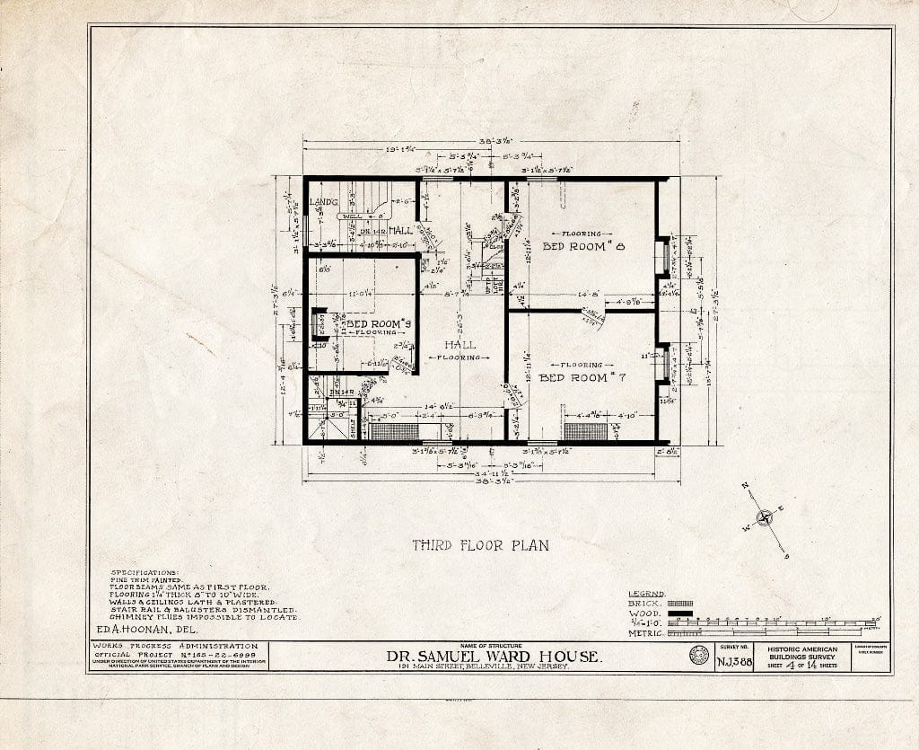 Historic Pictoric : Blueprint HABS NJ,7-BELVI,3- (Sheet 4 of 14) - Dr. Samuel L. Ward House, 191 Main Street, Belleville, Essex County, NJ