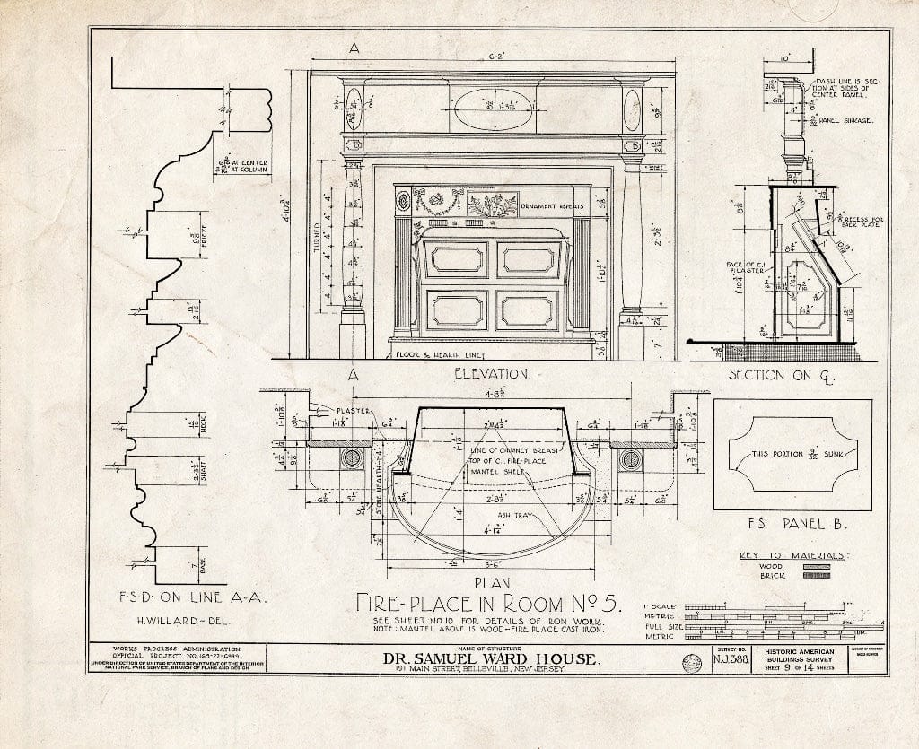 Historic Pictoric : Blueprint HABS NJ,7-BELVI,3- (Sheet 9 of 14) - Dr. Samuel L. Ward House, 191 Main Street, Belleville, Essex County, NJ