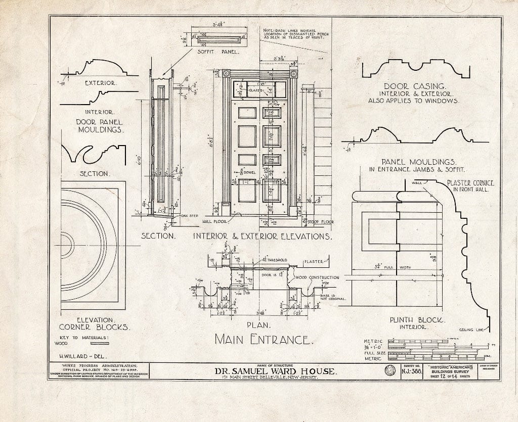 Historic Pictoric : Blueprint HABS NJ,7-BELVI,3- (Sheet 12 of 14) - Dr. Samuel L. Ward House, 191 Main Street, Belleville, Essex County, NJ