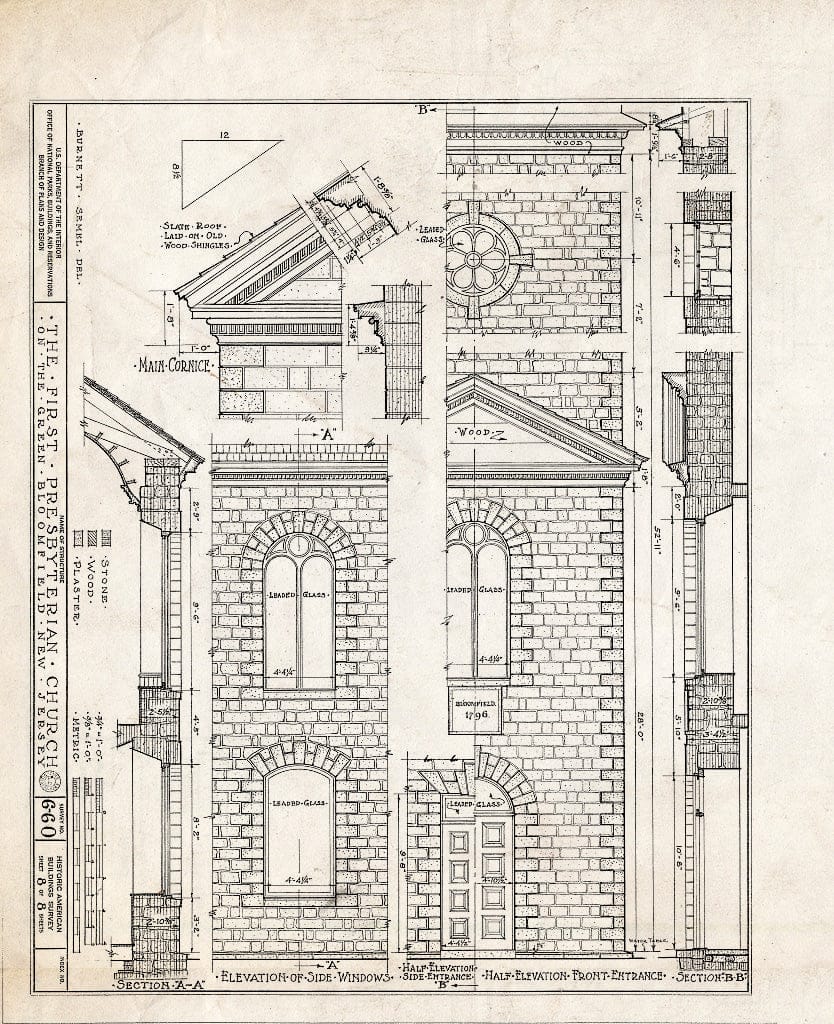 Historic Pictoric : Blueprint HABS NJ,7-BLOFI,1- (Sheet 8 of 8) - First Presbyterian Church on-The-Green, Bloomfield, Essex County, NJ