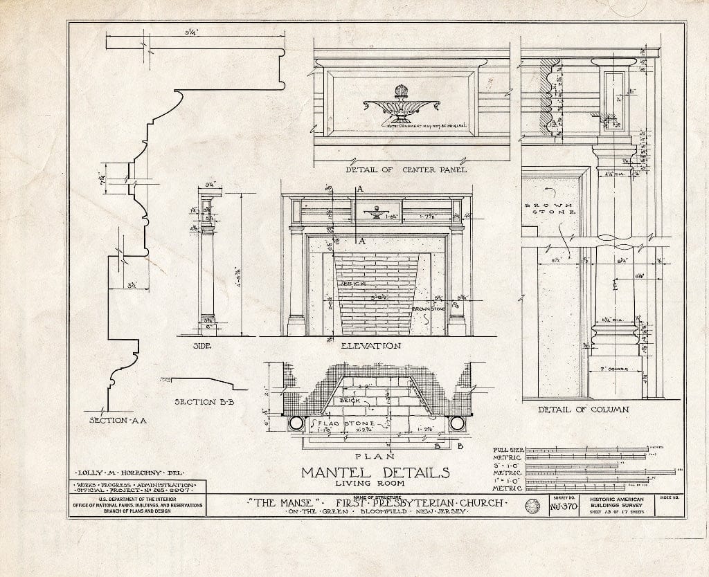 Historic Pictoric : Blueprint HABS NJ,7-BLOFI,2- (Sheet 13 of 17) - First Presbyterian Church on-The-Green, The Manse, Bloomfield, Essex County, NJ