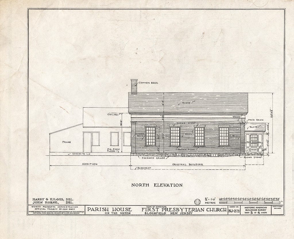 Historic Pictoric : Blueprint HABS NJ,7-BLOFI,3- (Sheet 5 of 6) - First Presbyterian Church on-The-Green, Parish House, Bloomfield, Essex County, NJ