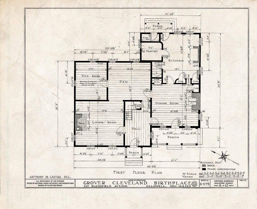 Historic Pictoric : Blueprint HABS NJ,7-CALD,2- (Sheet 6 of 12) - Grover Cleveland Birthplace, 207 Bloomfield Avenue, Caldwell, Essex County, NJ