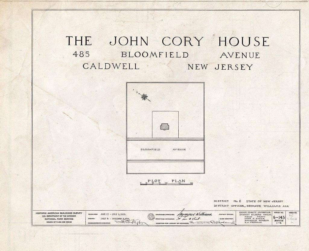 Historic Pictoric : Blueprint HABS NJ,7-CALD,1- (Sheet 0 of 6) - John Cory House, 485 Bloomfield Avenue, Caldwell, Essex County, NJ