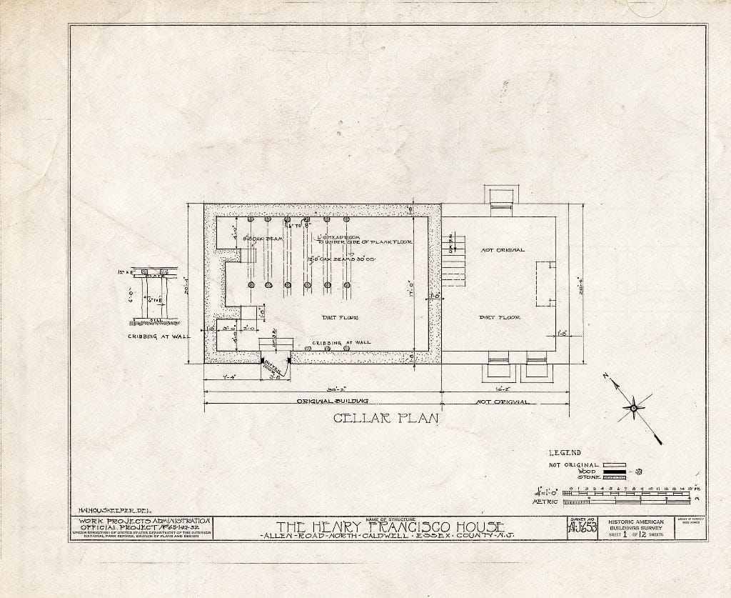 Historic Pictoric : Blueprint HABS NJ,7-CALDN,1- (Sheet 1 of 12) - Henry Francisco House, Allen Road, North Caldwell, Essex County, NJ