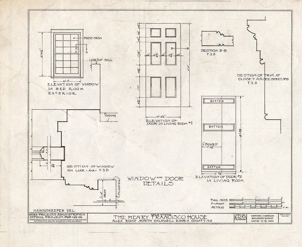 Historic Pictoric : Blueprint HABS NJ,7-CALDN,1- (Sheet 10 of 12) - Henry Francisco House, Allen Road, North Caldwell, Essex County, NJ