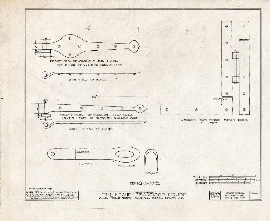 Historic Pictoric : Blueprint HABS NJ,7-CALDN,1- (Sheet 12 of 12) - Henry Francisco House, Allen Road, North Caldwell, Essex County, NJ
