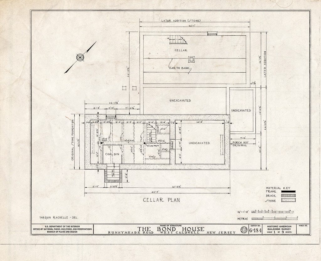 Historic Pictoric : Blueprint HABS NJ,7-CALDW,4- (Sheet 1 of 9) - Bond House, Runnymeade Road, West Caldwell, Essex County, NJ