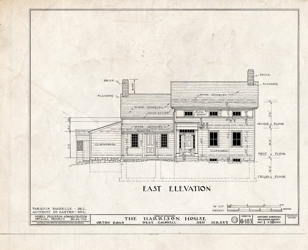 Historic Pictoric : Blueprint HABS NJ,7-CALDW,3- (Sheet 1 of 10) - Harrison House, Orton Road, West Caldwell, Essex County, NJ