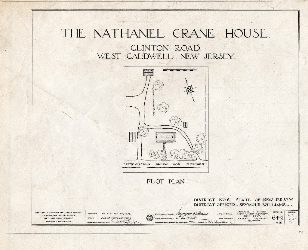 Historic Pictoric : Blueprint HABS NJ,7-CALDW,2- (Sheet 0 of 15) - Nathaniel S. Crane House, 29 Clinton Road, West Caldwell, Essex County, NJ