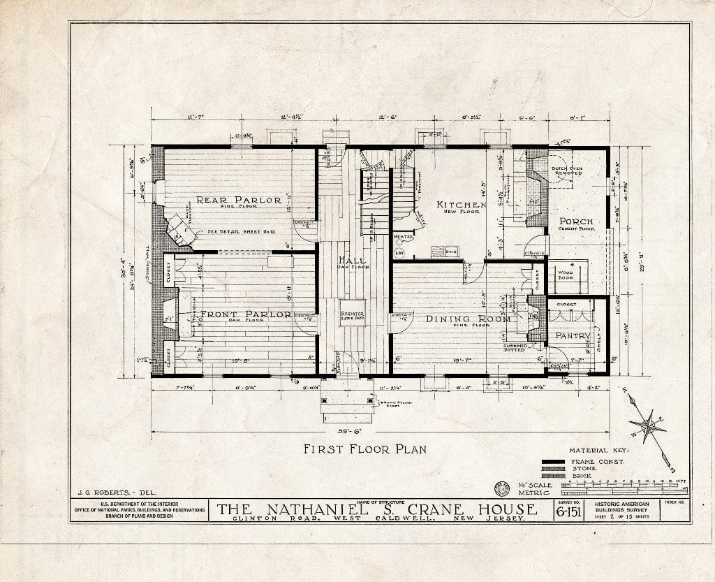 Historic Pictoric : Blueprint HABS NJ,7-CALDW,2- (Sheet 2 of 15) - Nathaniel S. Crane House, 29 Clinton Road, West Caldwell, Essex County, NJ