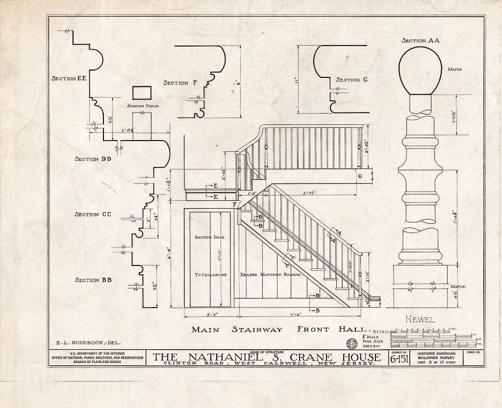 Historic Pictoric : Blueprint HABS NJ,7-CALDW,2- (Sheet 8 of 15) - Nathaniel S. Crane House, 29 Clinton Road, West Caldwell, Essex County, NJ